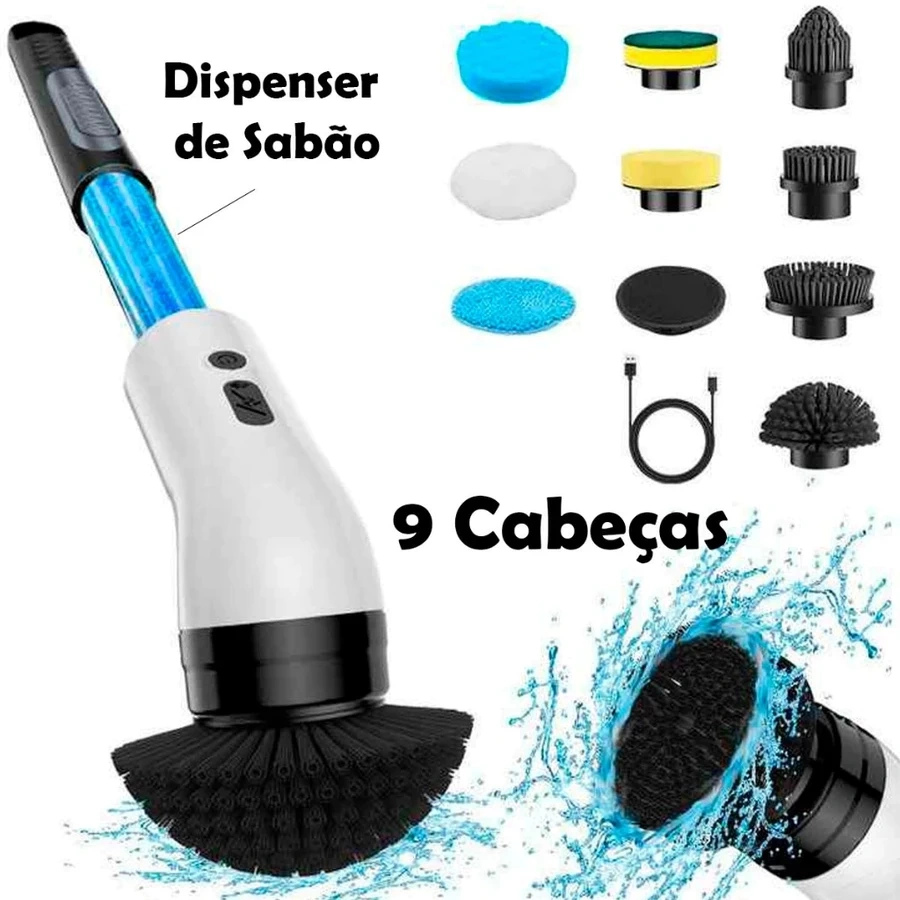 Escova de Limpeza Elétrica Rotativa 9 em 1 com Dispenser de Sabão, Sem Fio, Recarregável, Multiuso IZEPOWER CLEAN